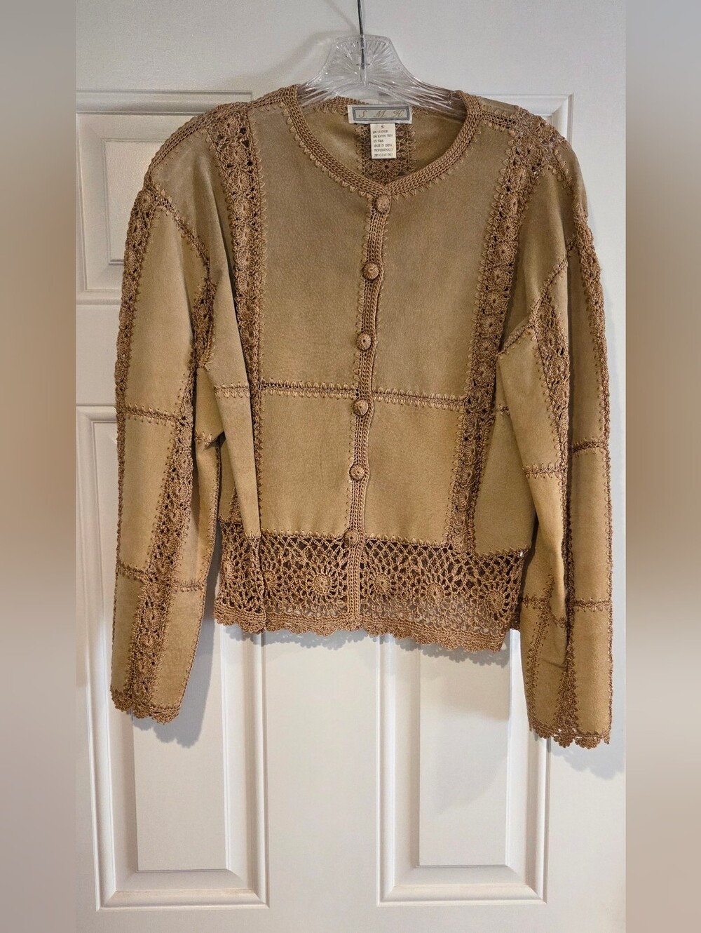 S.M.H  Crochet-Trim Leather Button Cardigan